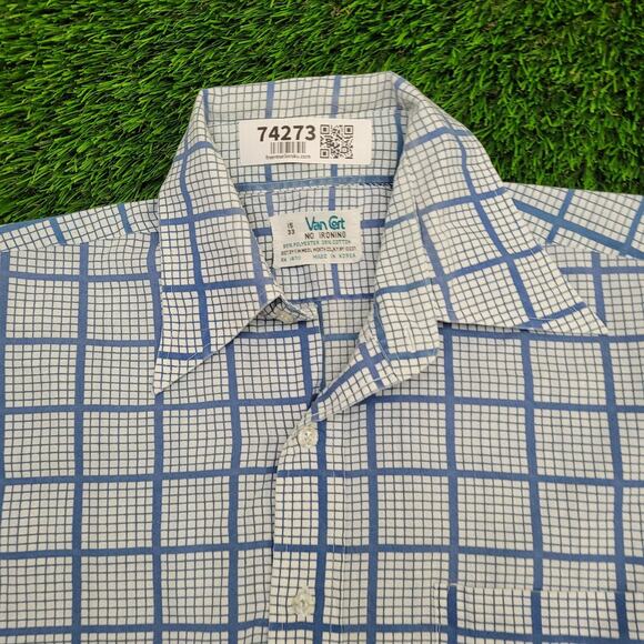 Vintage 70s Disco Checkered Button Shirt Medium 20x30 Blue - Picture 9 of 11